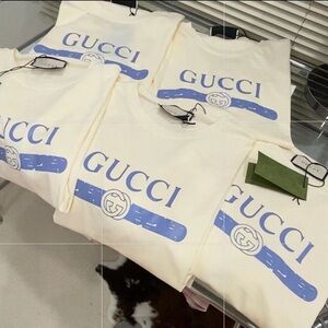 Gucci Cream and Light Blue Logo Tee